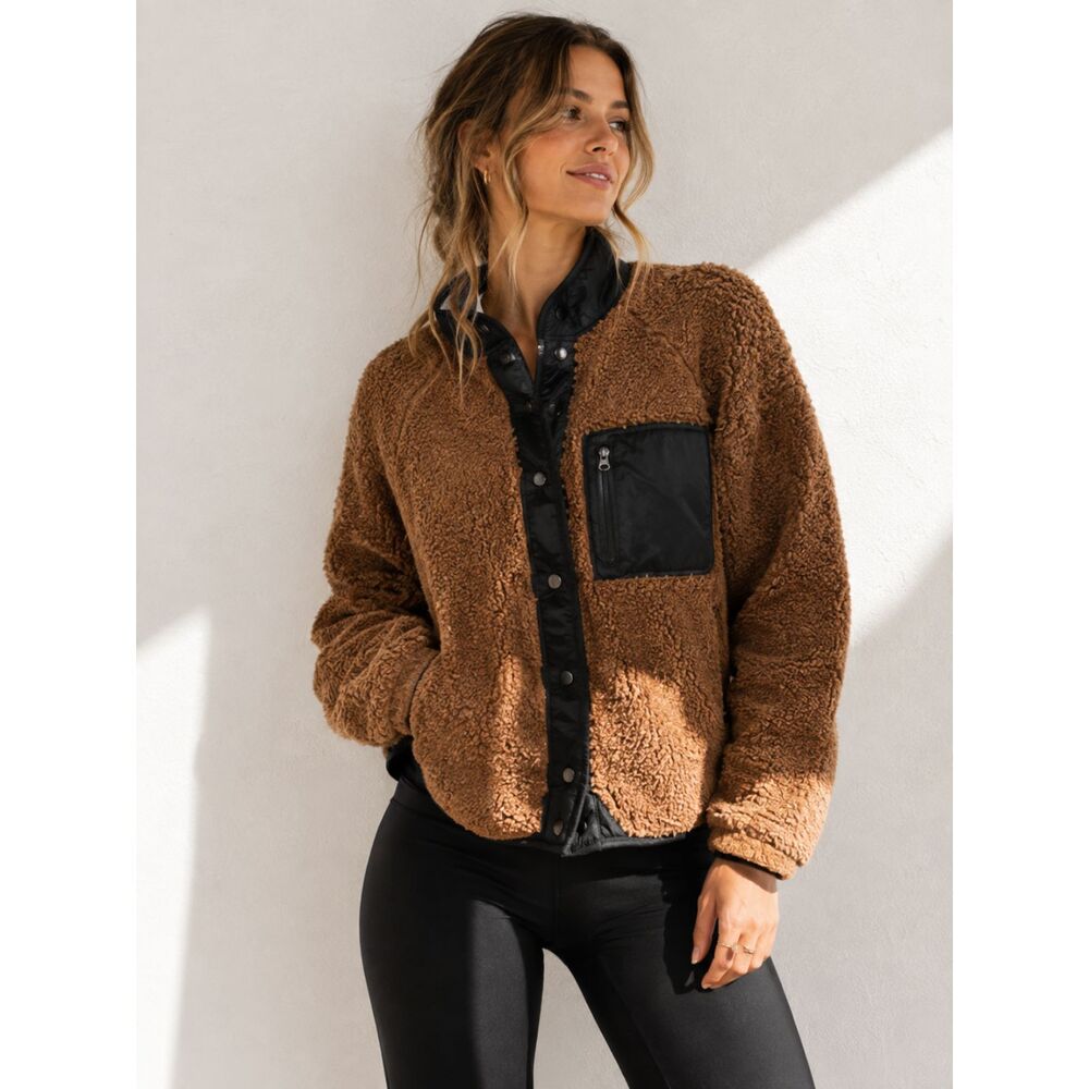Thread & Supply Brown Sherpa Teddy Jacket Women’s S Black Snap Front